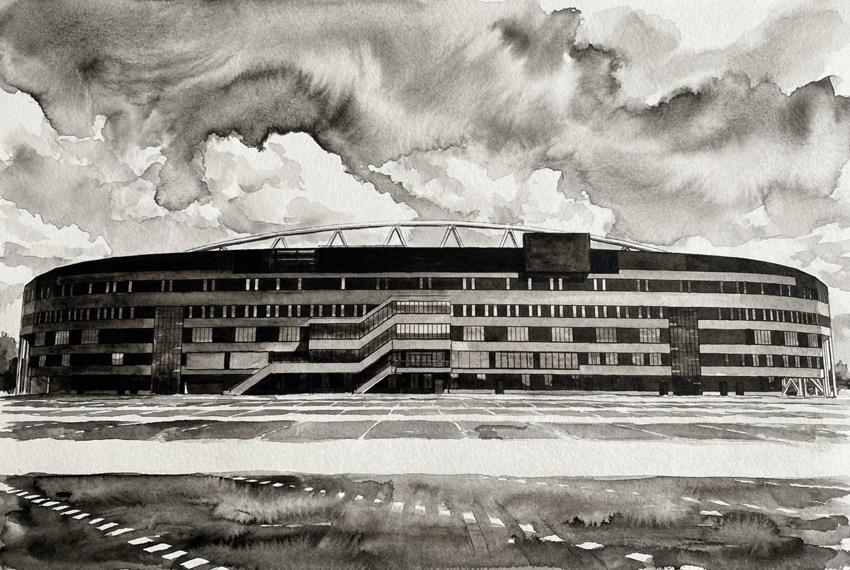 Atelier Iconique AFAS Stadion AZ Black and White Ink Wash Stadiums - Print op Canvas 90x60 cm - Atelier Iconique zwart