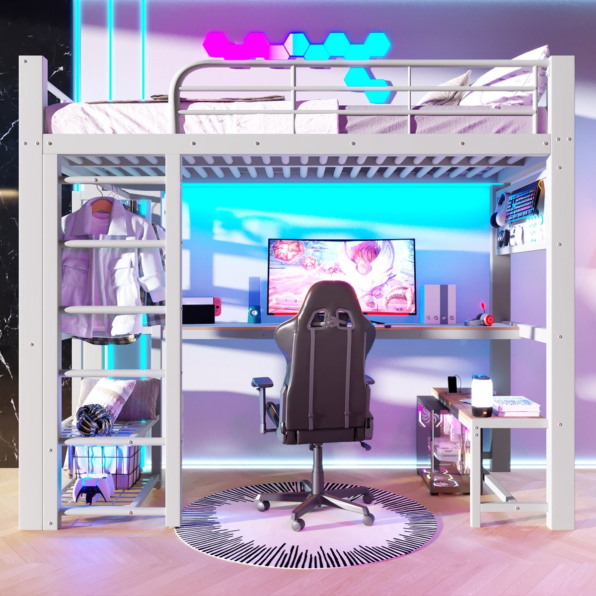 Hoogslaper 90x200 cm - Met LED-Verlichting - Met Opbergruimte - Met Ladder - Wit