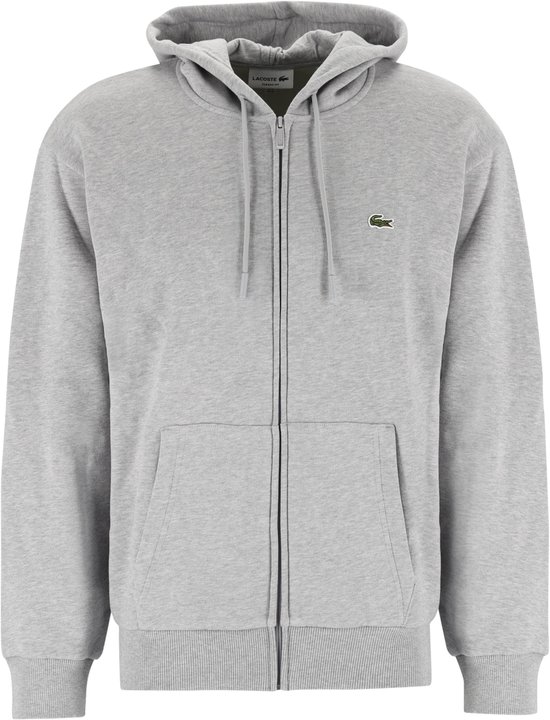 Veste sweat Lacoste gris chiné clair avec fermeture éclair, capuche et logo crocodile vert sur la poitrine.