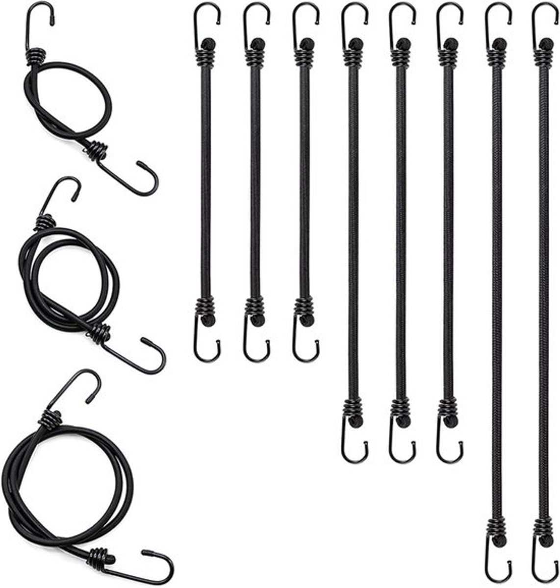 Set van 8 elastische touwen met haken (3 x 50 cm + 3 x 80 cm + 2 x 100 cm) - Duurzame, verstelbare elastische banden voor tenten, camping en bevestigen van ladingen
