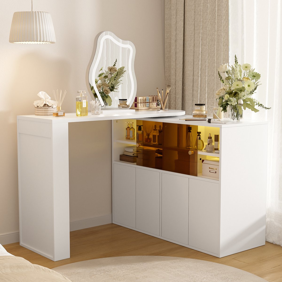 MIVRAY Kaptafel - Draaibaar L Vormig Met Led Spiegel En Veel Opbergruimte - Voor Slaapkamer En Werkhoek - Wit - 177 X 40 X 131 5 Cm