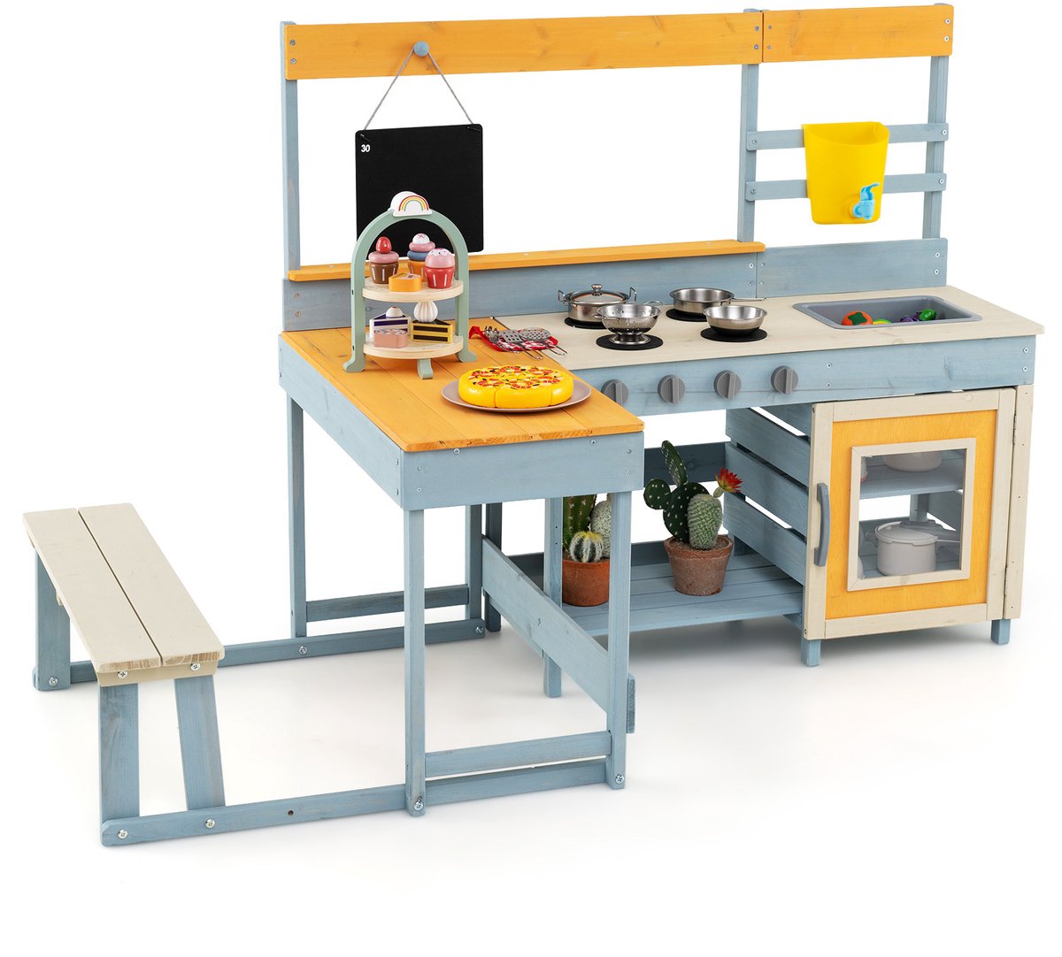 COSTWAY Modderkeuken Kinderen, Outdoor Speelkeuken Hout met Picknicktafel en Bank, Kinderkeuken met Echte Kraan, Spoelbak, Schoolbord, Dessert- & Kookaccessoires, Buitenkeuken voor Kinderen vanaf 3 jaar