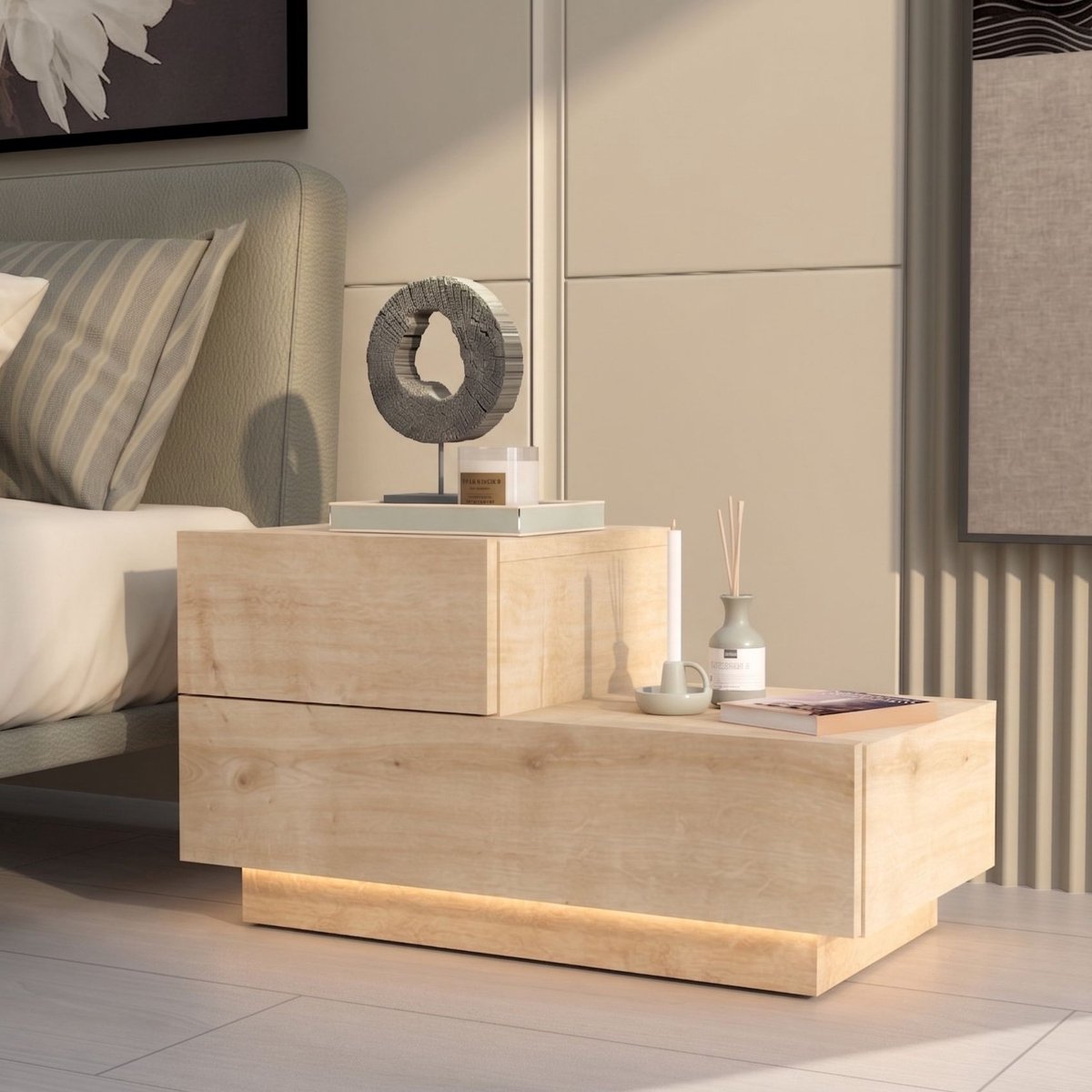 Skye Decor , Nachtkastje, Kayra - Sapphire Oak, Gemelamineerde spaanplaat, Saffier eiken, 70 x 38,3 x 35 cm Saffier Eikenhout
