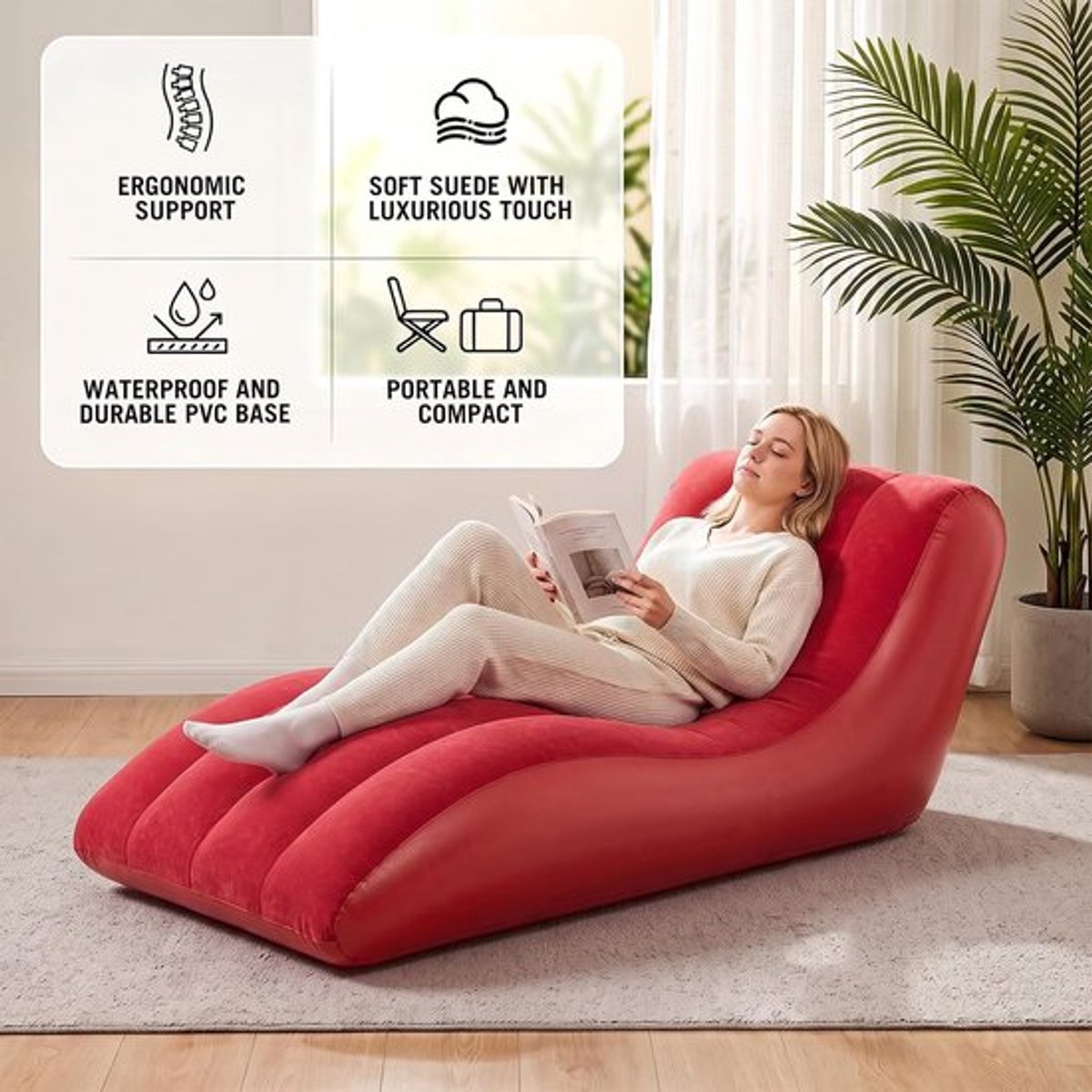 SnelShoppen - Opblaasbare Sofa Luchtbank Rood met Pluche Overtrek, Ergonomisch en Comfortabel, 300 kg Draagkracht, Perfect voor Camping en Buitengebru