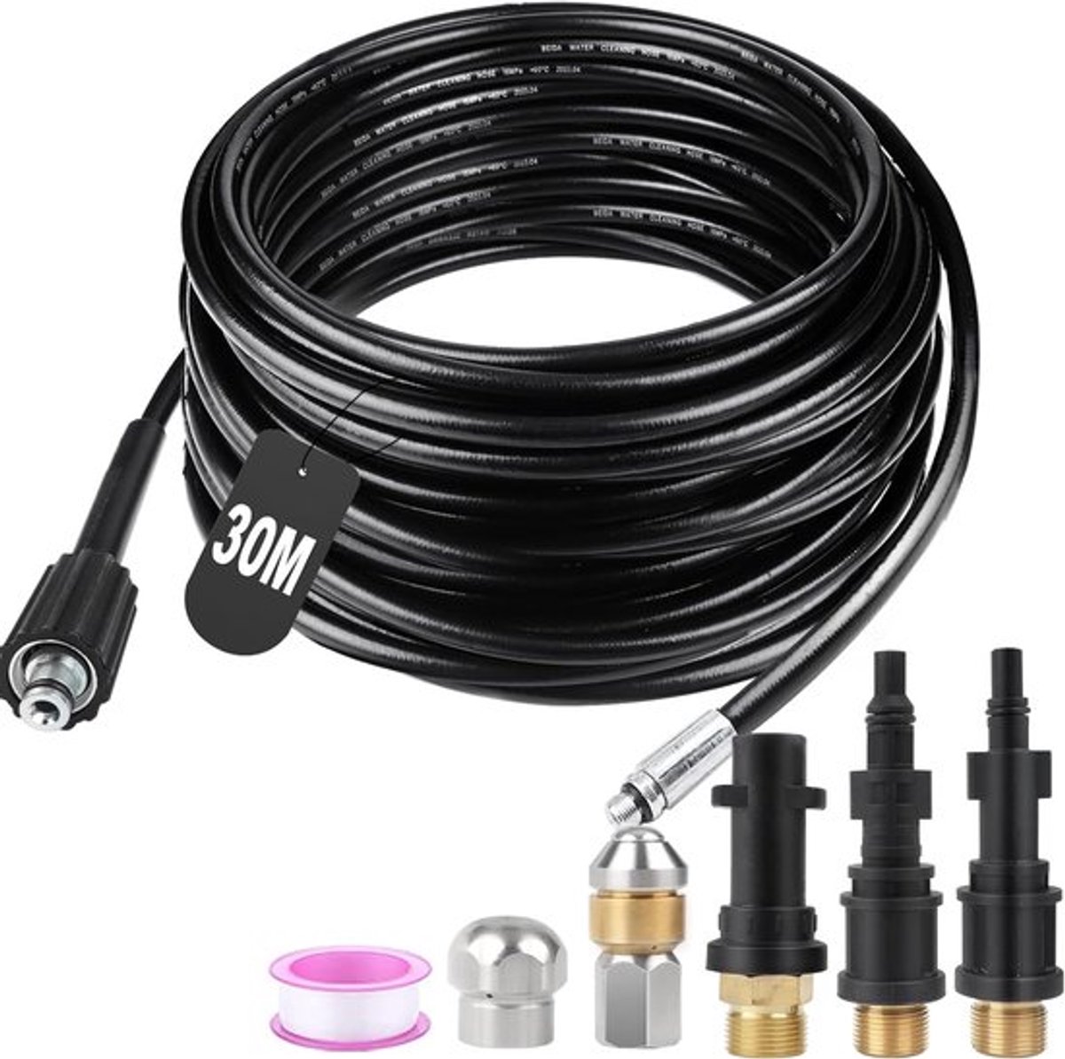 Pijpreinigingsslang 30 m 180 bar 60 °C set met spuitkoppen ster - draaibaar - inclusief 3 adapters voor Kärcher K2 - K7 - Lavor - Parkside - Bosch hogedrukreinigers