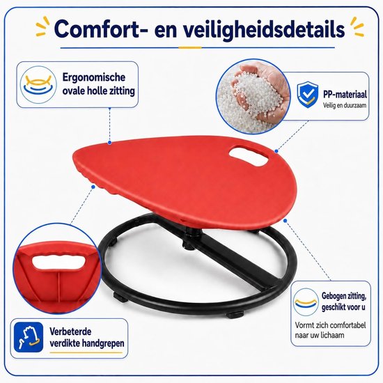 Sensory Swivel Stoel voor Autisme - 360° Draaiende Stoel voor ADHD Kinderen 3-8 Jaar, Veiligheidsbeugels en Antislip Basis, Verlichting van Bewegingsziekte Binnen en Buiten (Rood) — afbeelding 4