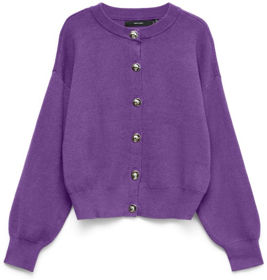 Paarse gebreide VERO MODA cardigan met ronde hals, zilverkleurige knopen en ballonmouwen.