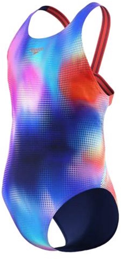 Zwart Speedo badpak met roze, blauwe en oranje vlekken en een fijn zwart ruitpatroon. De rode bandjes komen samen in een racerback.