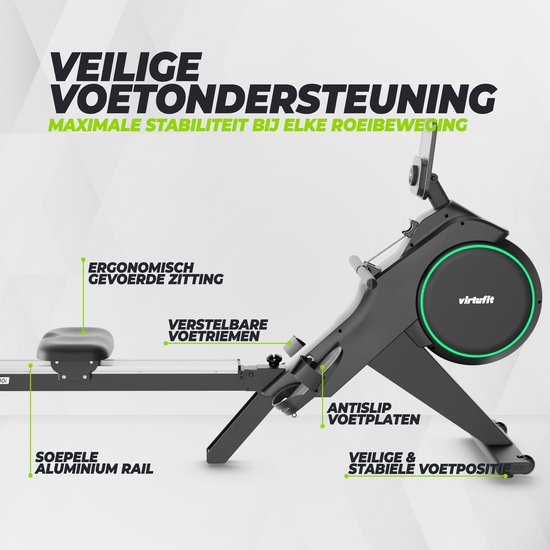 VirtuFit ROW300i Inklapbare Roeitrainer - 32 Weerstandsniveaus - Magnetische Weerstand - 150 kg - Inklapbaar - Bluetooth Hartslag - Kinomap - Roeimachine