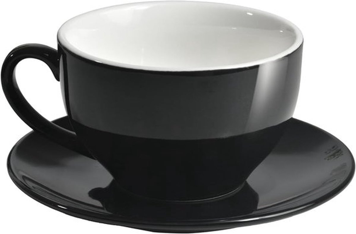 Porseleinen koffiekopje met schotel 220 ml / 7 oz voor cappuccino, latte en thee, zwart