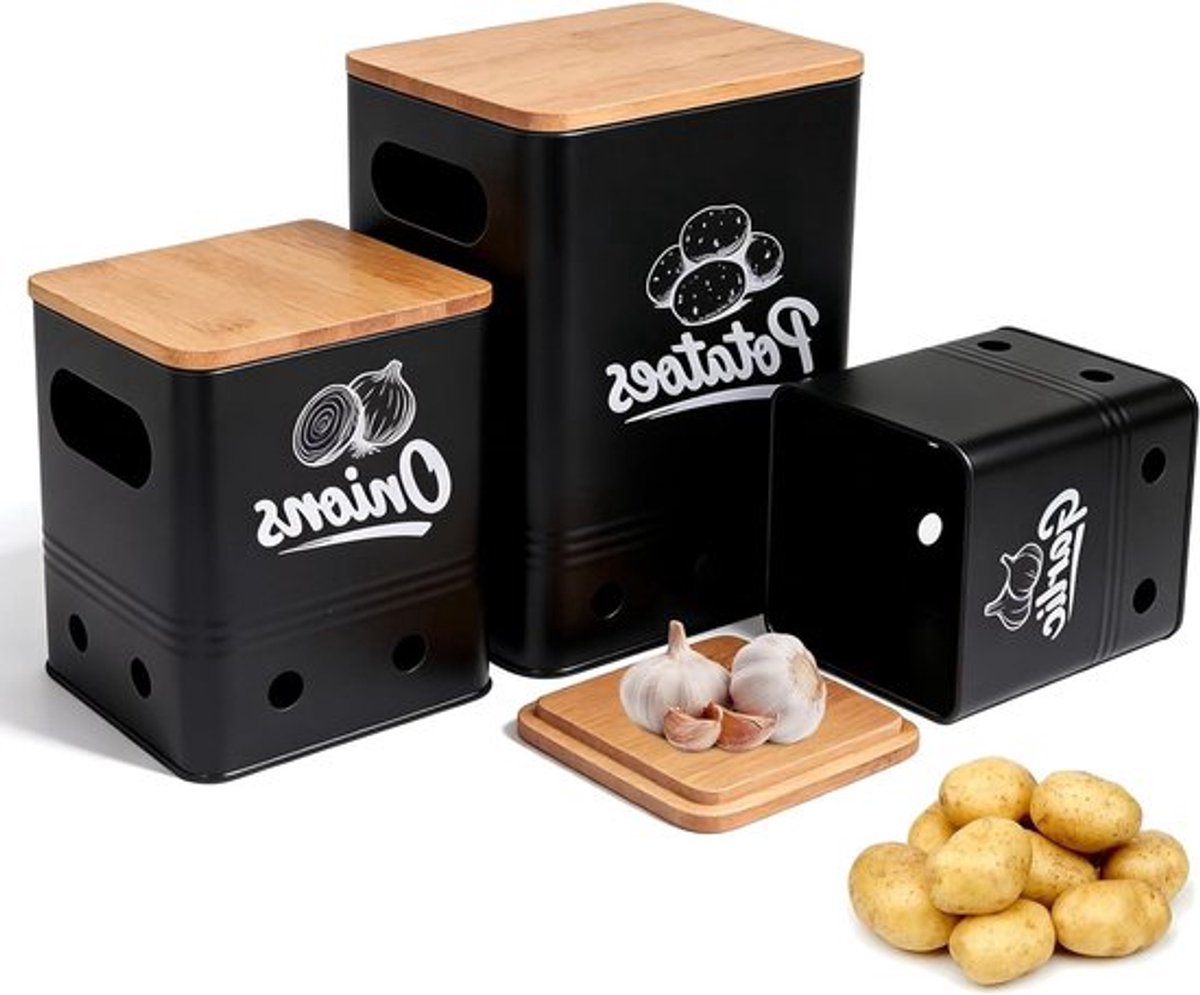 Set van 3 Opslagblikken voor Groenten, Stapelbare Blikken voor Aardappelen, Uien en Knoflook met Houten Deksel en Luchtgaatjes voor Versheid