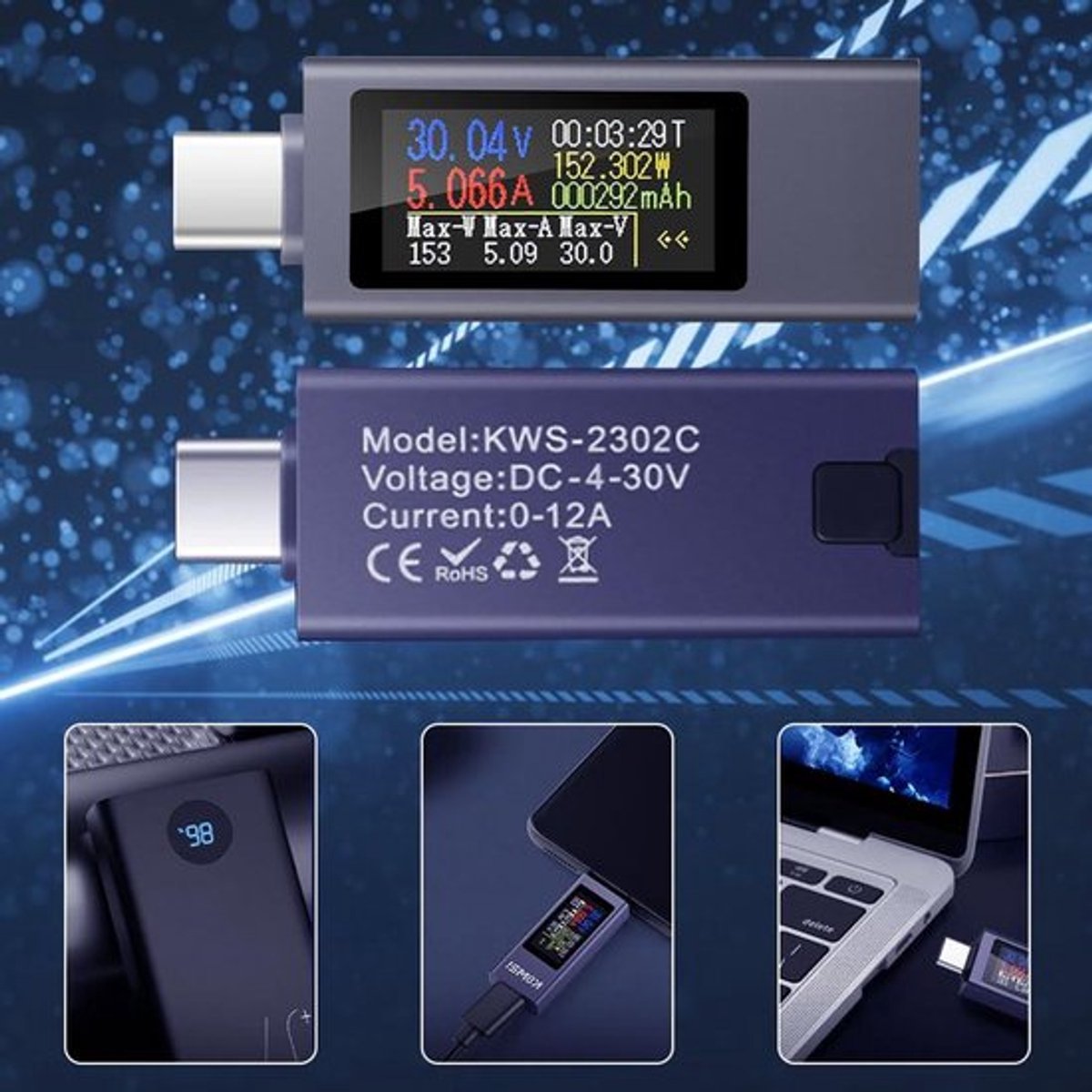 Spanningsmeter USB C-tester voor het opladen van telefoon - Voltmeter Stroom Laadstroom Vermogenscapaciteit - 4-30 V 0-12 A