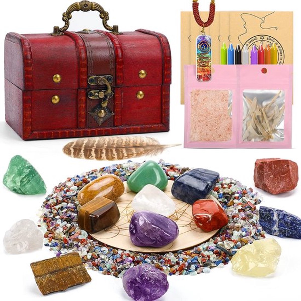 Kristallen Helende Stenen Set - 7 Ruwe Chakra-Stenen - 7 Tuimelstenen - Houten Koffer - 80 g Gemalen Kristallen - Meditatie Geschenken - Geneeskrachtige Stenen