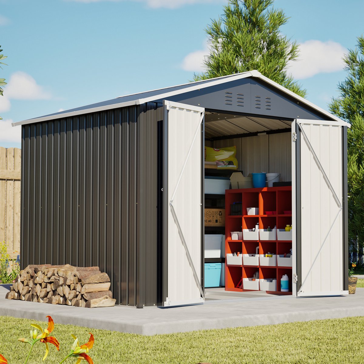 HAUSS SPOLE Tuinhuis – 240,4 x 192,3 x 191 cm – Afsluitbare Schuifdeur en 4 Ventilatieopeningen – Metaal – Zwart – Tuinopslag