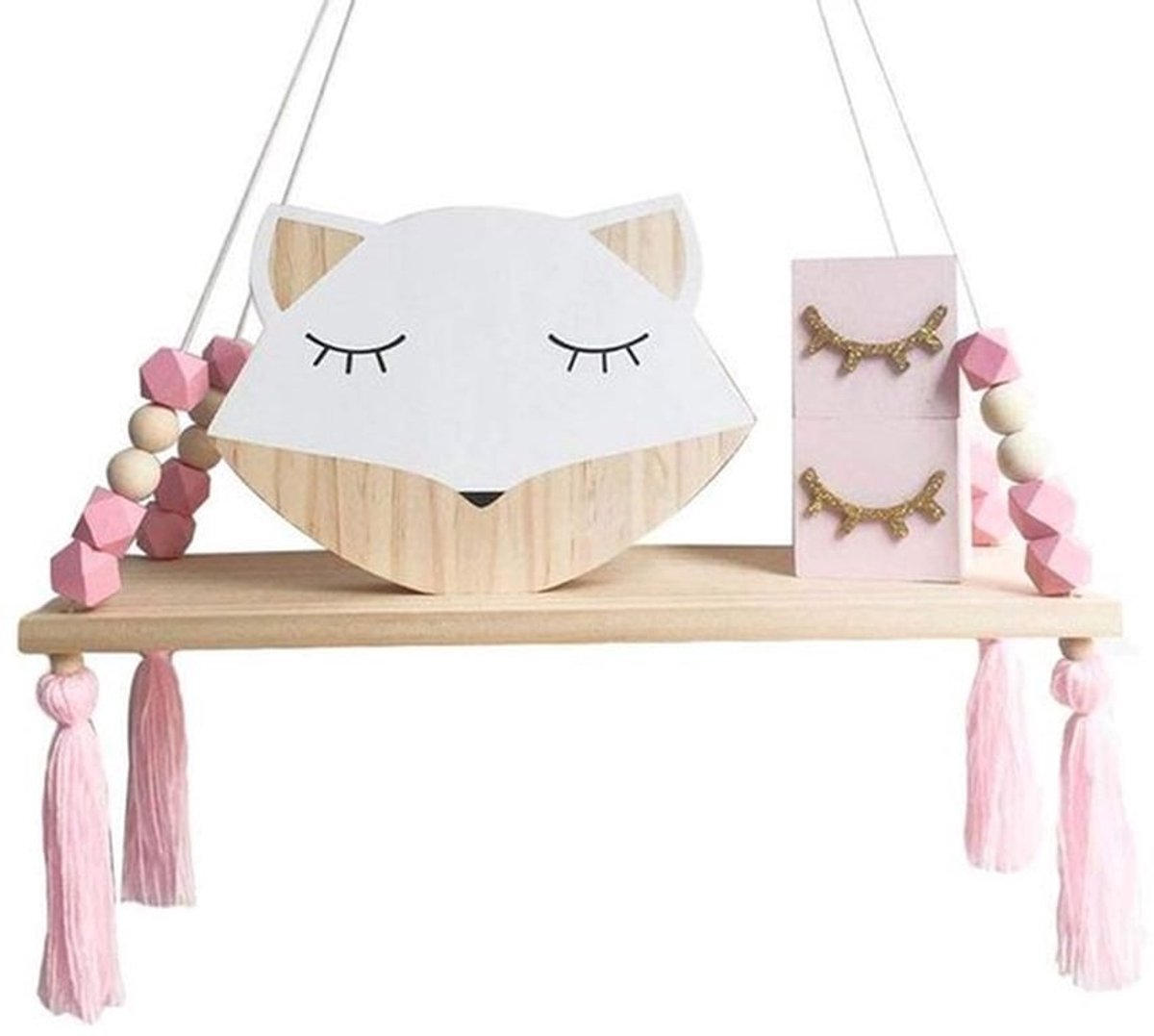 Muurplank Kindvriendelijk - Wandplank Roze/Wit - Decoratieve Plank - Dennenhout/Touw - 38x14x1cm - Veilig en Stijlvol