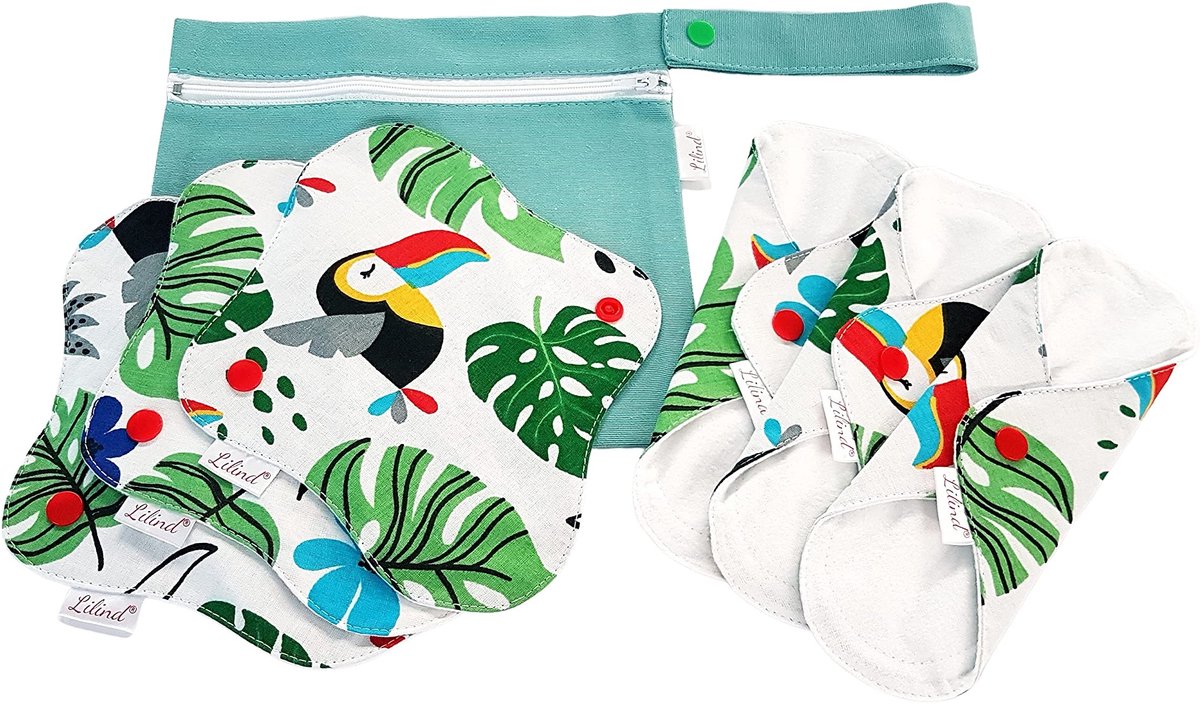Solidchoice - Set van 6 Herbruikbare Katoenen Menstruatiepads met Papegaaienpatroon