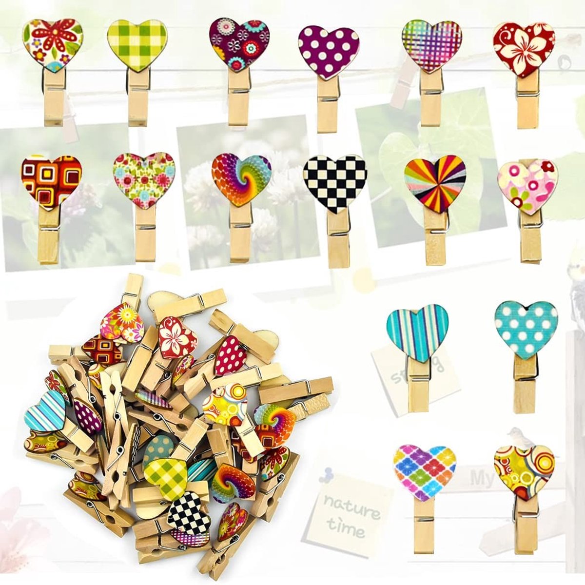Solidchoice - 50 Stuks Houten Klemmen met Hart, Decoratieve Clips