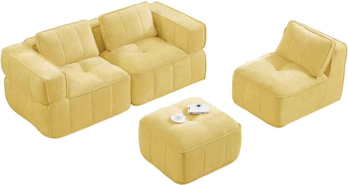 OKWISH Hoekbank 3-Zits Modulair Frameloos Met Poef En 32D Schuim Comfortabele L Vorm Voor Woonkamer Polyester Geel