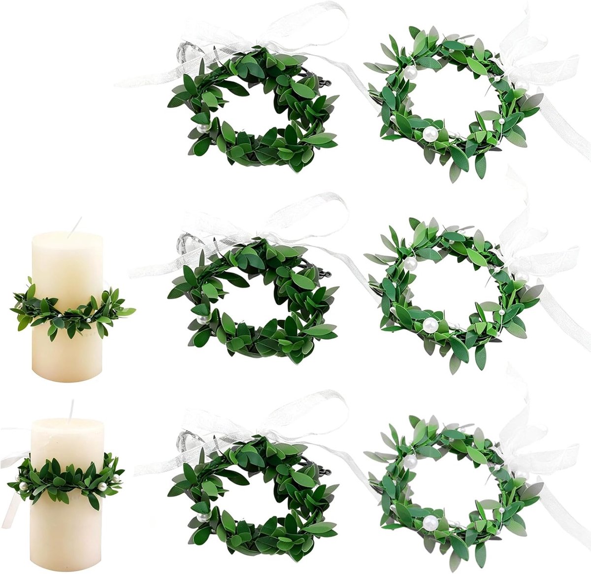 Druppelbescherming communiekaars 6 cm - groene bladeren met organza - decoratieve kaarskrans - ShopVlot