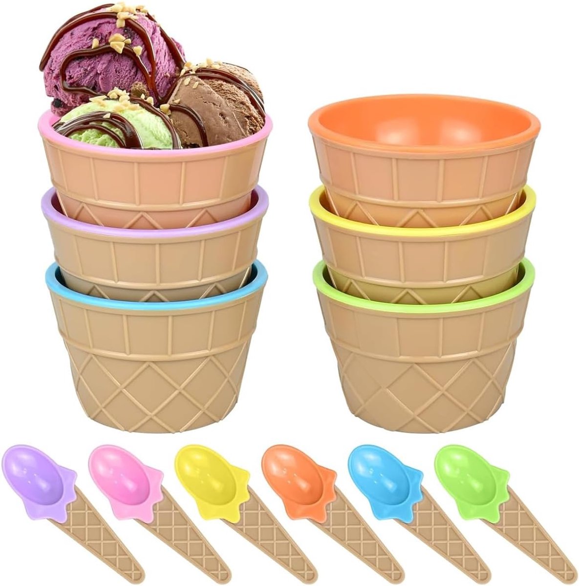 IJskommen set van 6 - kleurrijke PP kunststof - met lepels - perfect voor feestjes - ShopVlot