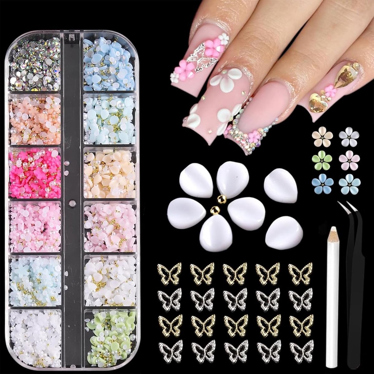 Nagelversiering 3D - Kleurrijke bloemen en bladeren - Gouden en zilveren vlinders - Perfect voor manicure - ShopVlot