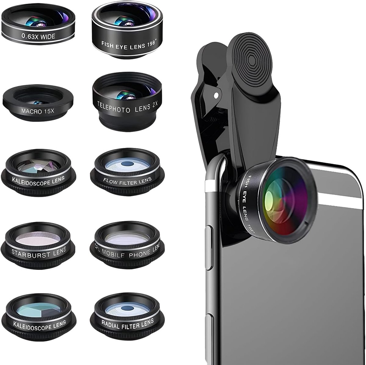 Mobiel toont 10 in 1 lens - fisheye, macro, wide-angle - veelzijdige filters - perfecte foto's met je smartphone - ShopVlot