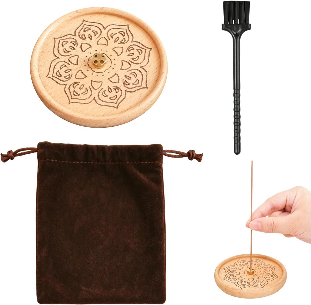 Houten Wierookhouder Set van Beukenhout met Lotus Motief en Messing Inzet, 10 cm Draagbare Wierookbrander met - ShopVlot