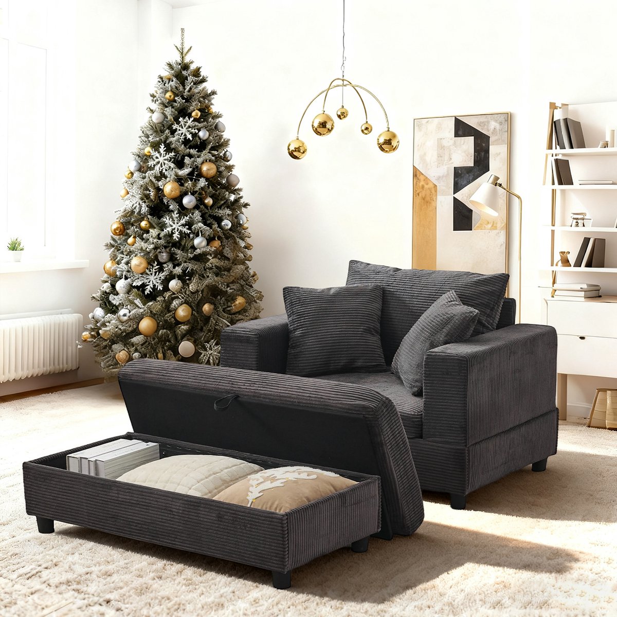 DESMIU Chaise Longue 107 Cm - Met Voetsteun En Opbergruimte - Voor Woonkamer, Slaapkamer En Leeshoek - Ribstof - Grijs