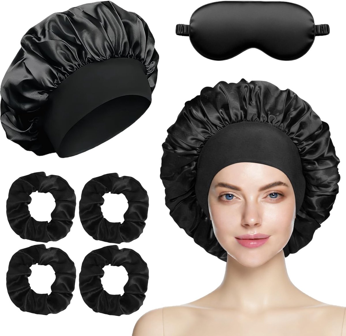 Solidchoice - Zijden Slaapmuts Set met Haarelastiekjes en Slaapmasker