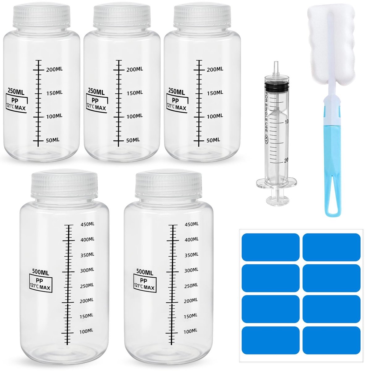 Solidchoice - Set van 5 Laboratoriumflessen met Labels en Syringe