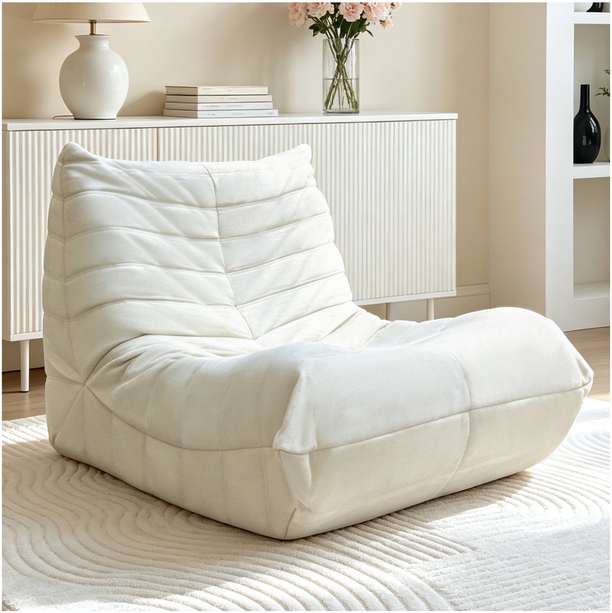 OKWISH Fauteuil 100 x 90 x 70 cm - Ergonomisch Vloermodel Met Hoge Rugleuning En Armleuningen - Voor Lezen En Ontspannen - Stof - Wit