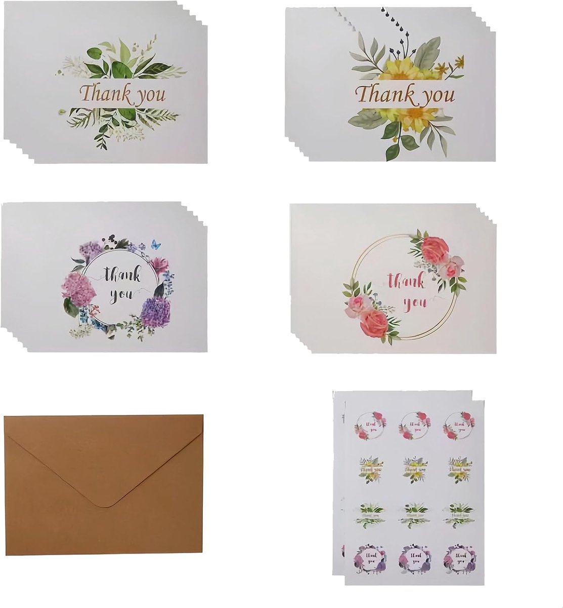 Bedankkaarten 24 stuks - bloemmotief - met enveloppen en stickers - elegant dankjewel - ShopVlot