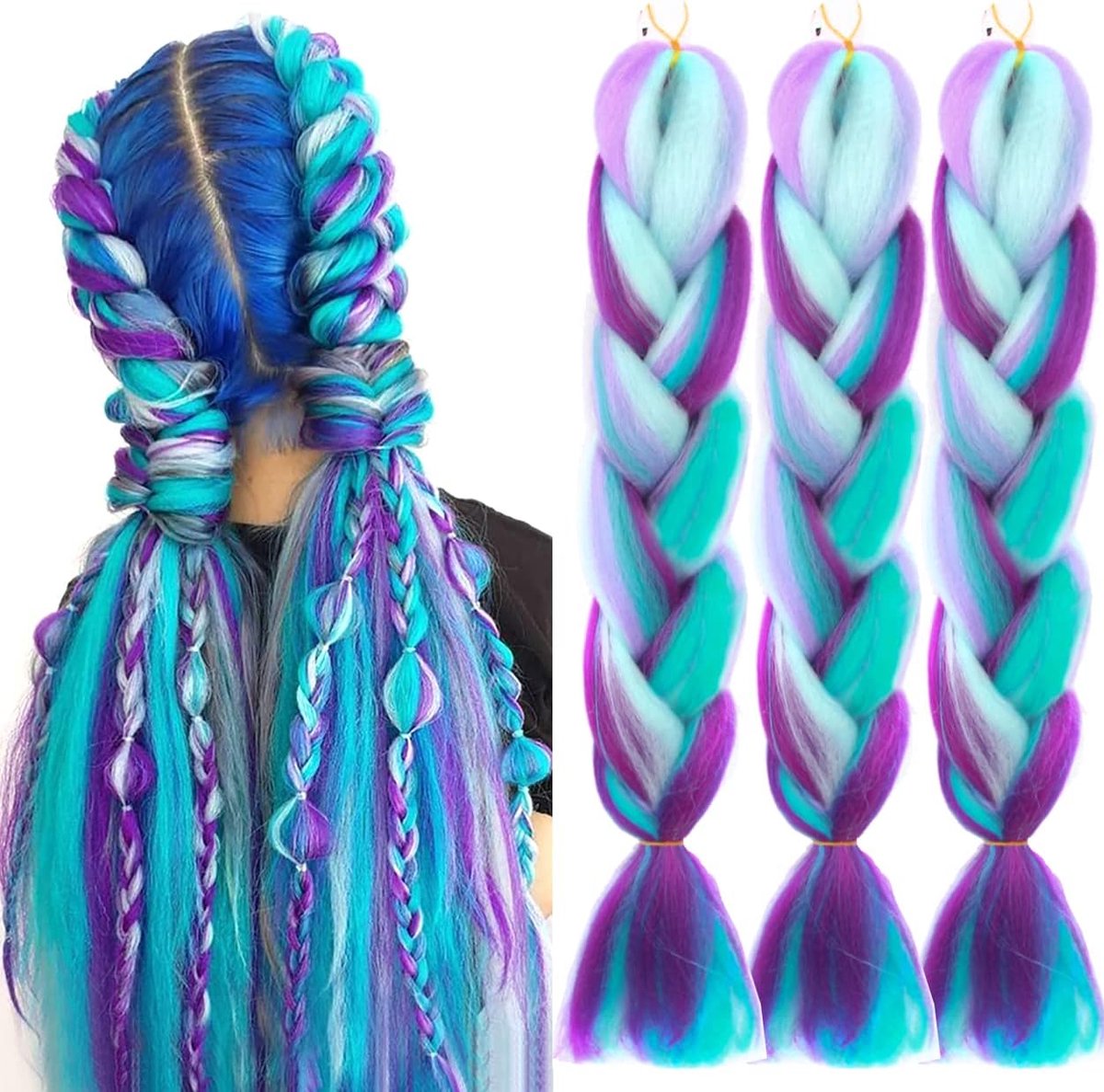 Synthetisch Haar Vlechtextensions 100g - Kanekalon Jumbo Vlechten - Ombre Cyan Paars Blauw/Wit - ShopVlot