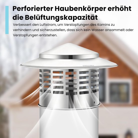 Roestvrijstalen schoorsteenkap met perforaties voor ventilatie, getoond met luchtstroom.