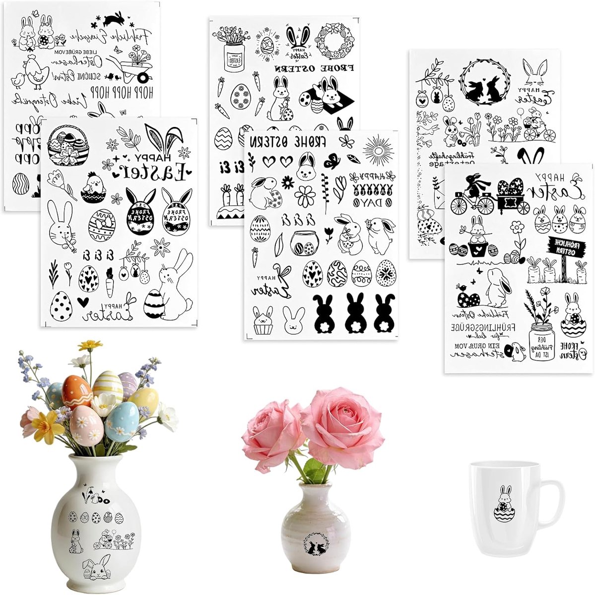 Tattoo stickers Pasen - 6 A5 designs - zelfklevend met konijnen en eieren - voor decoratie en DIY - ShopVlot