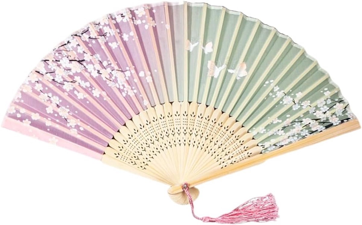 Handfan 42,5 x 23 cm - Houten handvat - Kersenbloesem patroon - Kleurrijke stijl voor warme dagen - ShopVlot