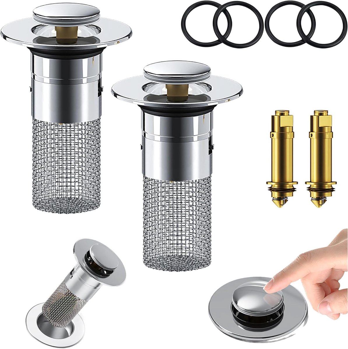 Pack of 2 Washbasin Stops for 34-40 mm Drain, Universal Pop Up Drain Strain, Washbasin, Sink Drain Stop with Hair - ShopVlot