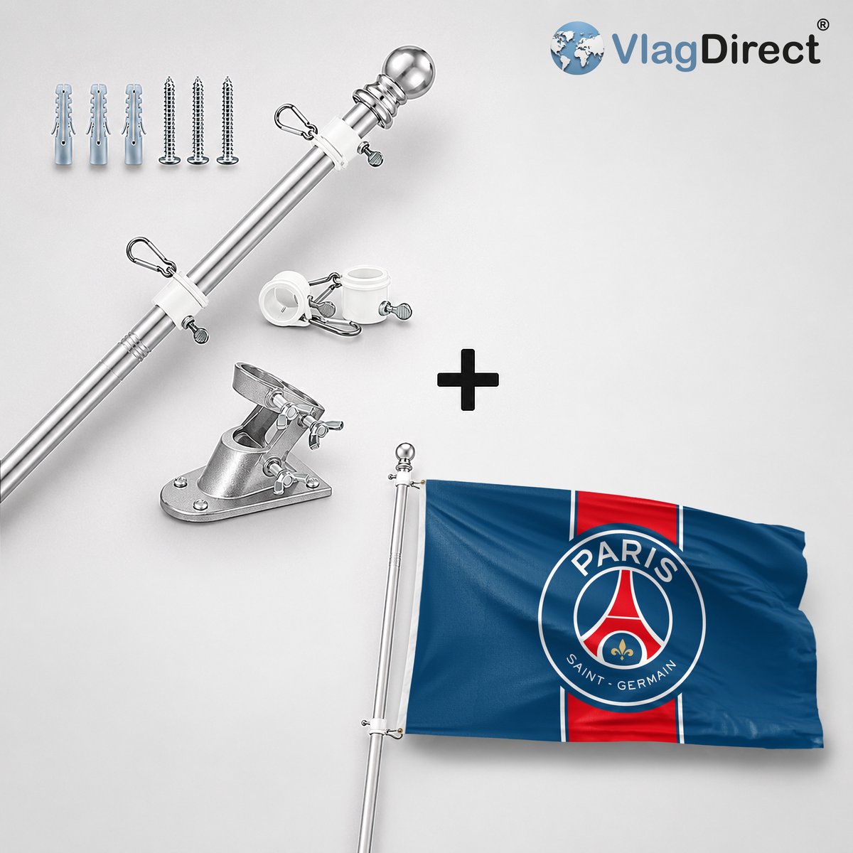 VlagDirect - Compleet vlaggenpakket - Zilveren vlaggenstok inclusief vlaggenstokhouder + PSG vlag - Paris Saint Germain vlag - 90 x 150 cm.