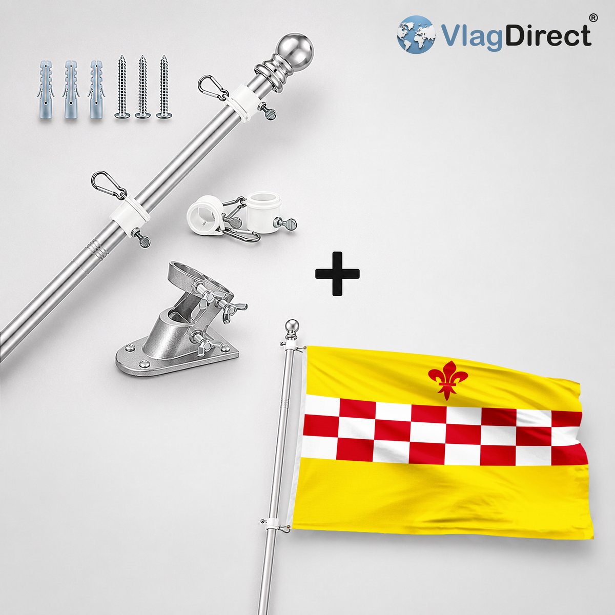VlagDirect - Compleet vlaggenpakket - Zilveren vlaggenstok inclusief vlaggenstokhouder + Gemeente Rixensart vlag - 90 x 150 cm.