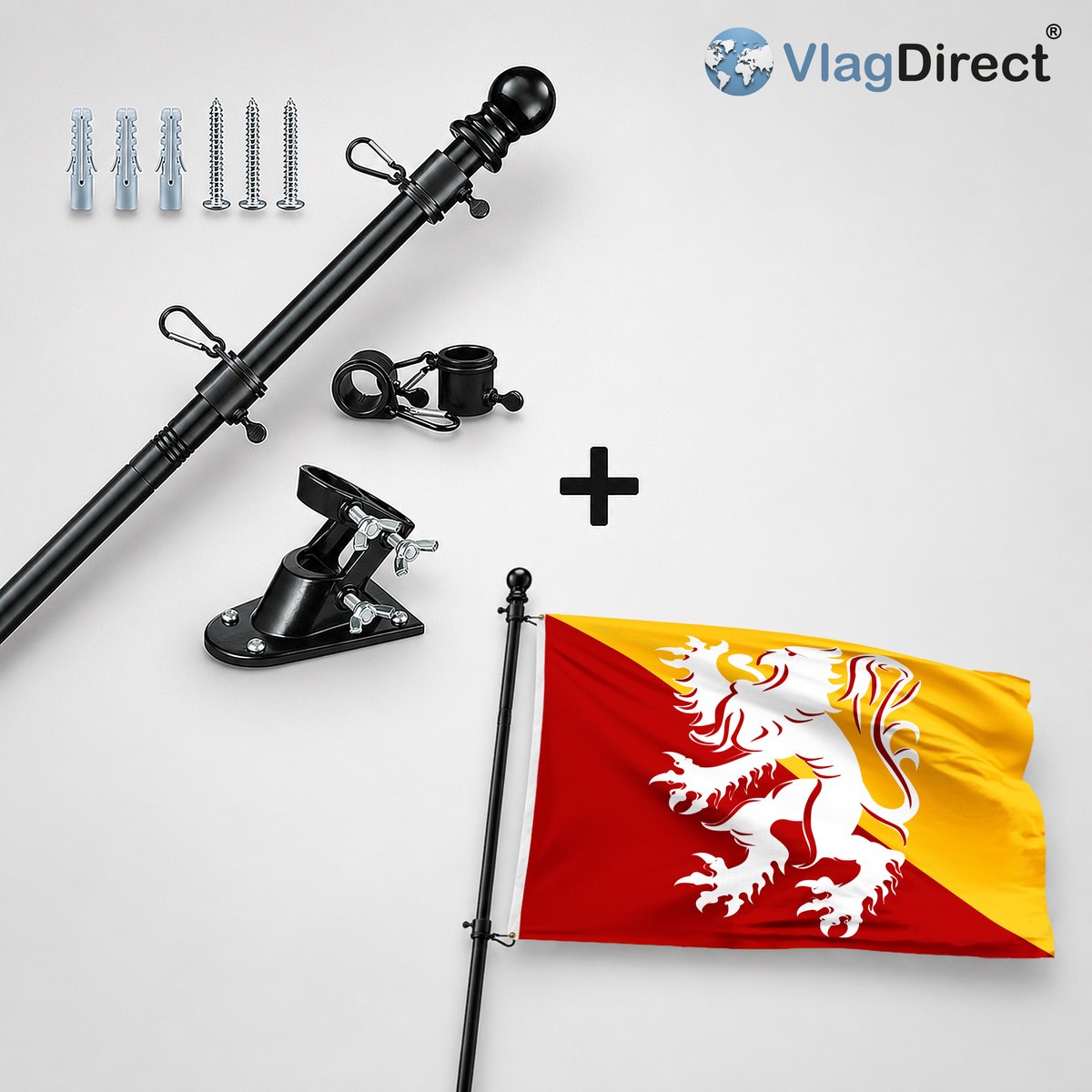 VlagDirect - Compleet vlaggenpakket - Zwarte vlaggenstok inclusief vlaggenstokhouder + Lanakense vlag - Gemeente Lanaken vlag - 90 x 150 cm.