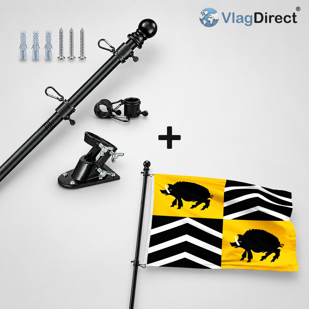 VlagDirect - Compleet vlaggenpakket - Zwarte vlaggenstok inclusief vlaggenstokhouder + Vorselaarse vlag - Gemeente Vorselaar vlag - 90 x 150 cm.
