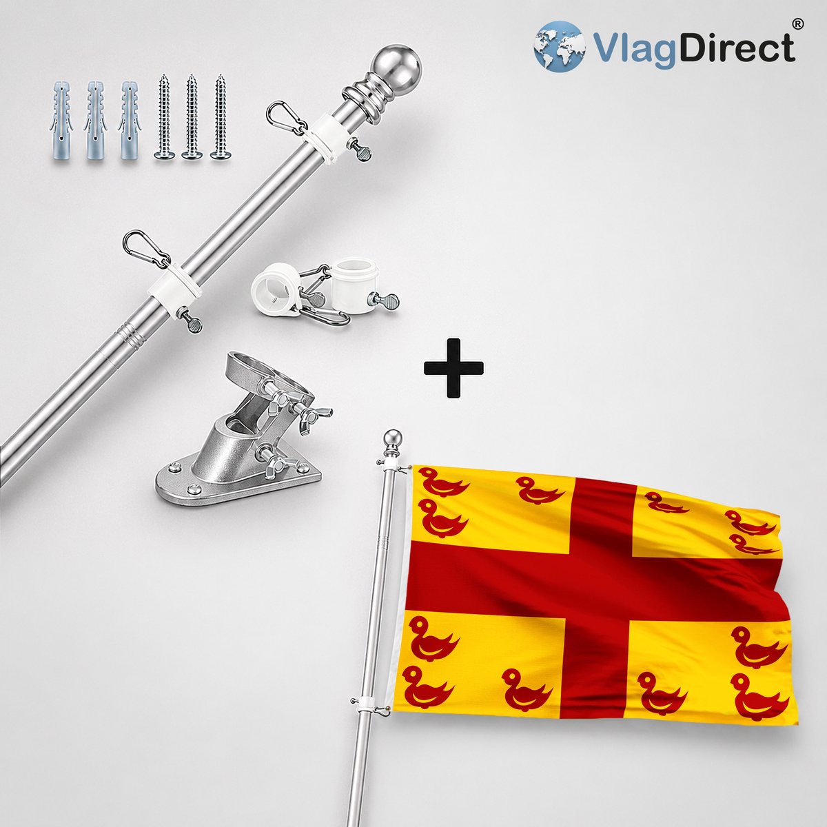 VlagDirect - Compleet vlaggenpakket - Zilveren vlaggenstok inclusief vlaggenstokhouder + Maldegemse vlag - Gemeente Maldegem vlag - 90 x 150 cm.