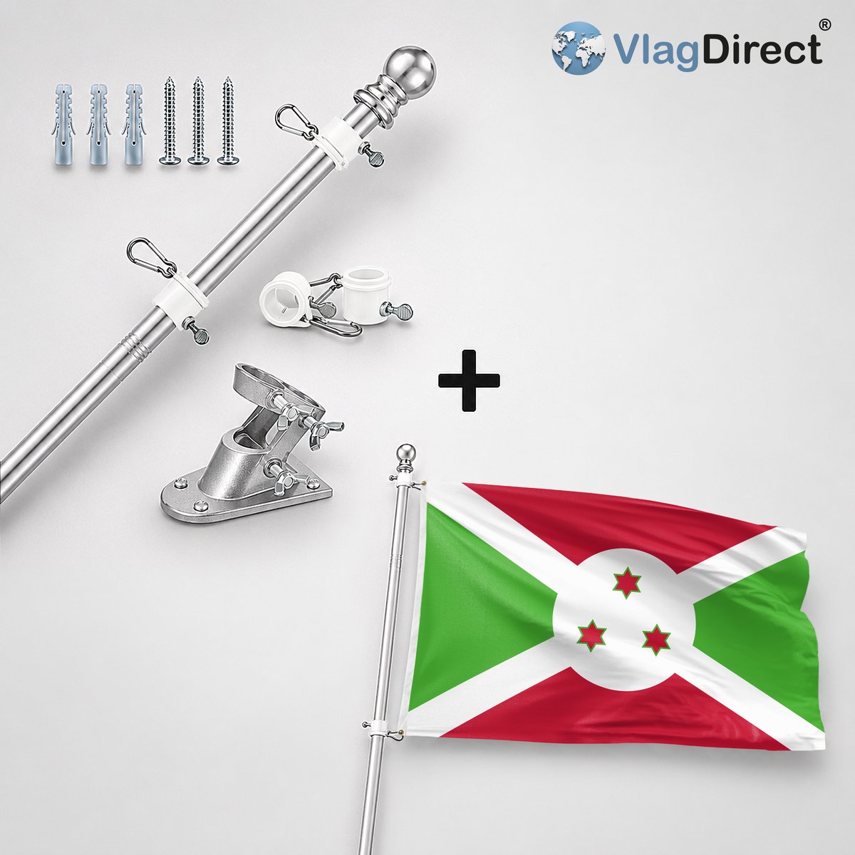 VlagDirect - Compleet vlaggenpakket - Zilveren vlaggenstok inclusief vlaggenstokhouder + Burundese vlag - Burundi vlag - 90 x 150 cm.