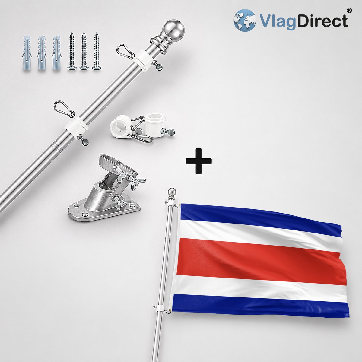 VlagDirect - Compleet vlaggenpakket - Zilveren vlaggenstok inclusief vlaggenstokhouder + Costa Ricaanse vlag - Costa Rica vlag - 90 x 150 cm.
