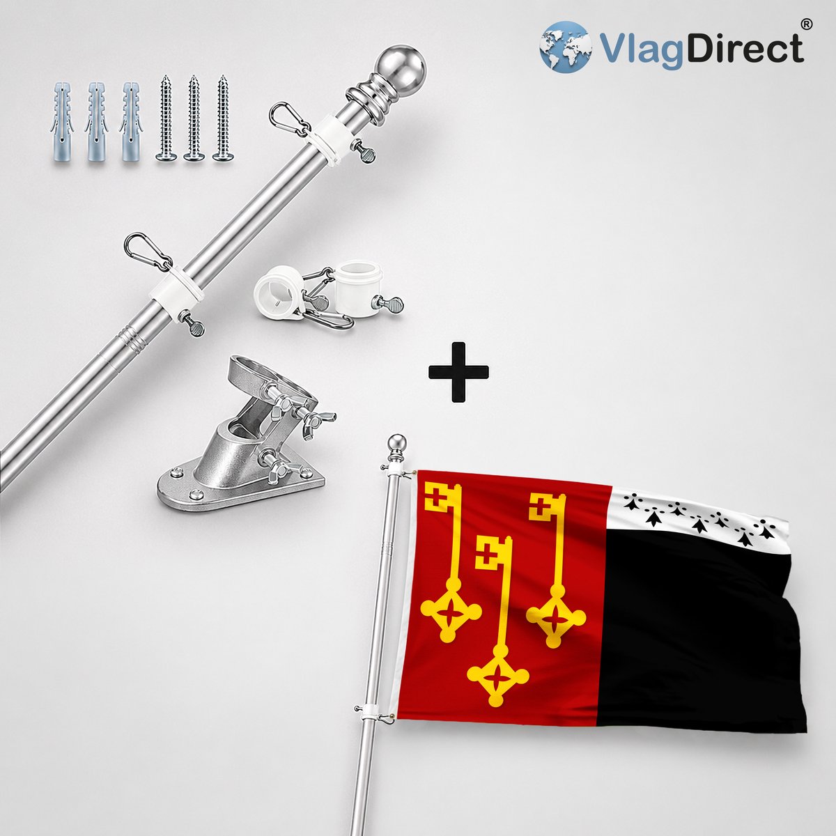 VlagDirect - Compleet vlaggenpakket - Zilveren vlaggenstok inclusief vlaggenstokhouder + Destelbergse vlag - Gemeente Destelbergen vlag - 90 x 150 cm.