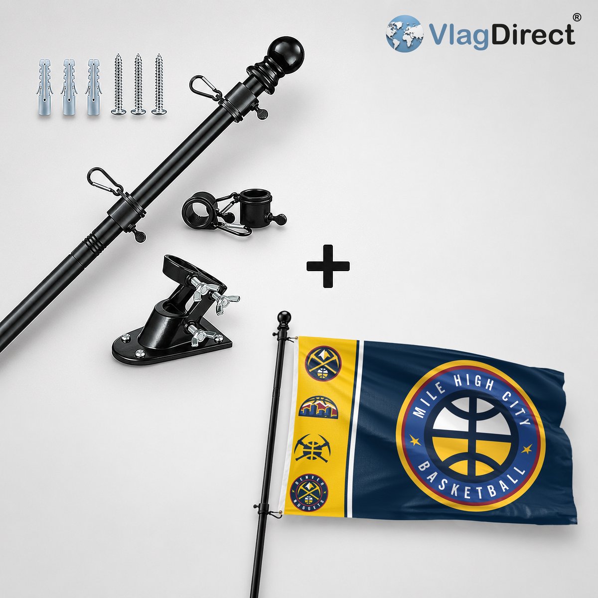 VlagDirect - Compleet vlaggenpakket - Zwarte vlaggenstok inclusief vlaggenstokhouder + Denver Nuggets vlag - Denver Nuggets basketbalteam vlag - 90 x 150 cm.