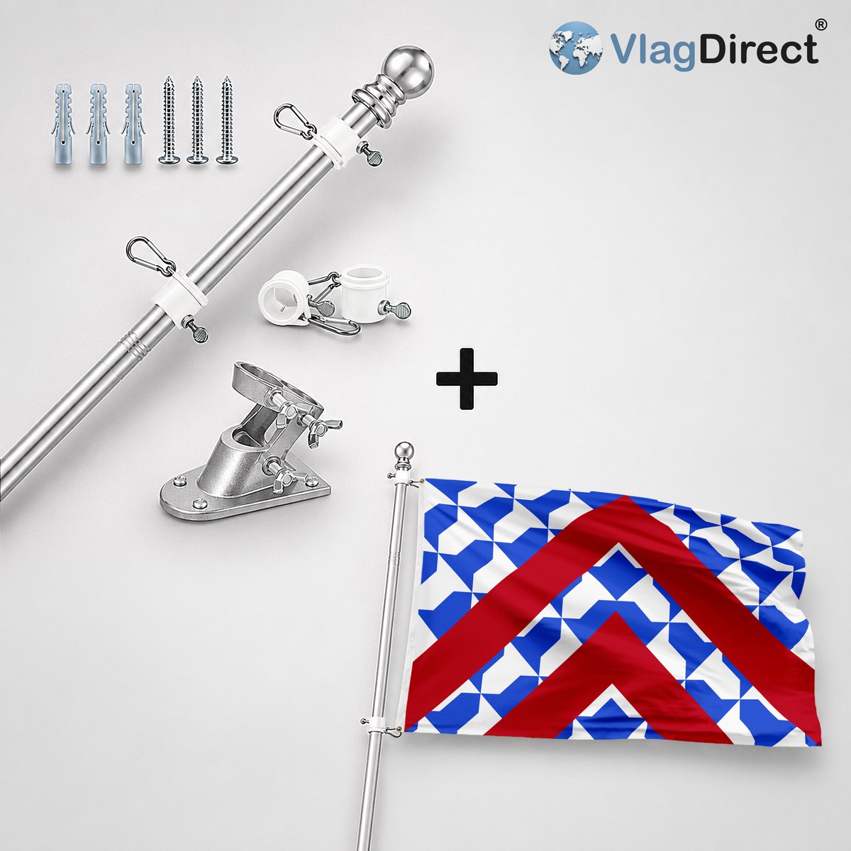 VlagDirect - Compleet vlaggenpakket - Zilveren vlaggenstok inclusief vlaggenstokhouder + Gemeente Lijsem vlag - 90 x 150 cm.