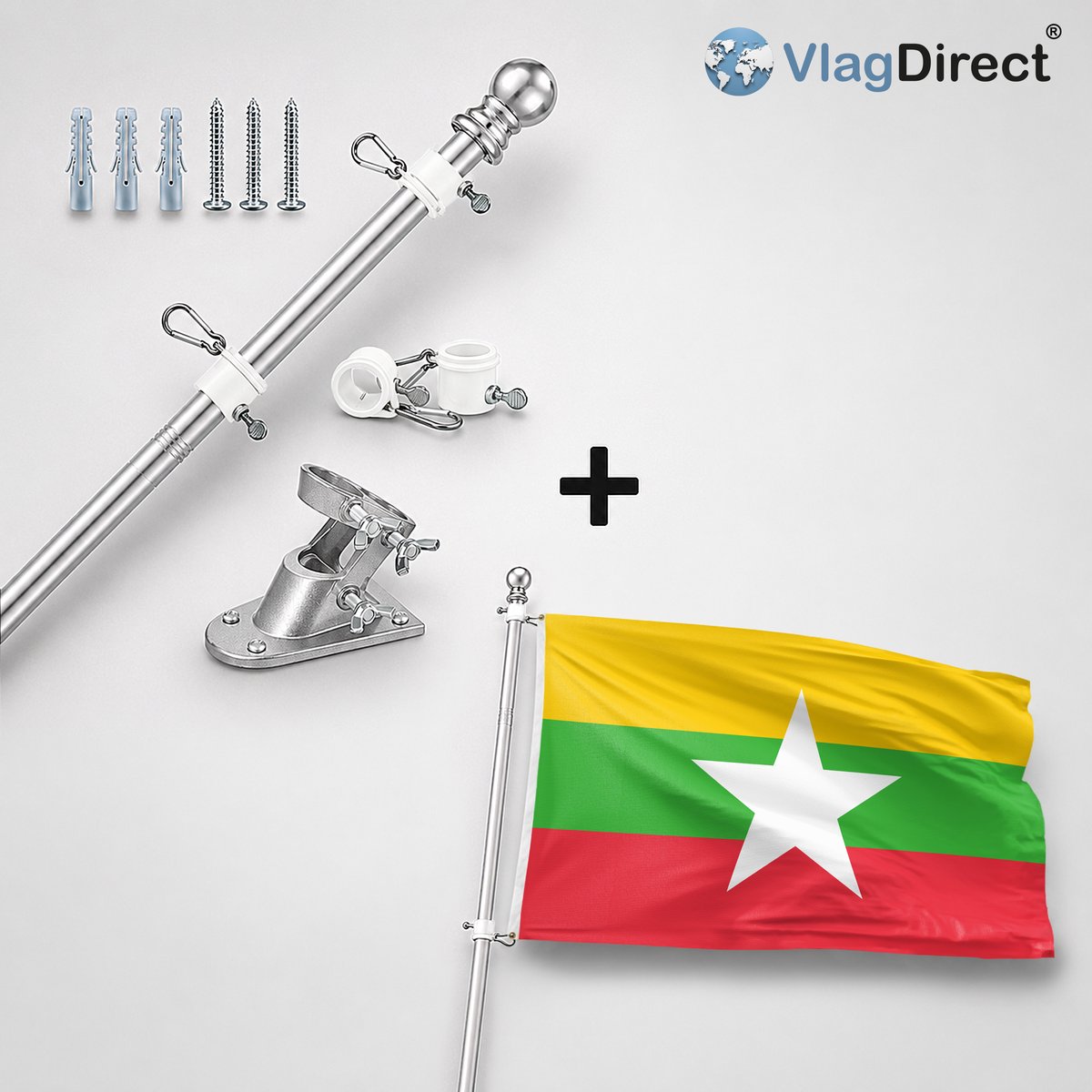 VlagDirect - Compleet vlaggenpakket - Zilveren vlaggenstok inclusief vlaggenstokhouder + Myanmarese vlag - Myanmar vlag - 90 x 150 cm