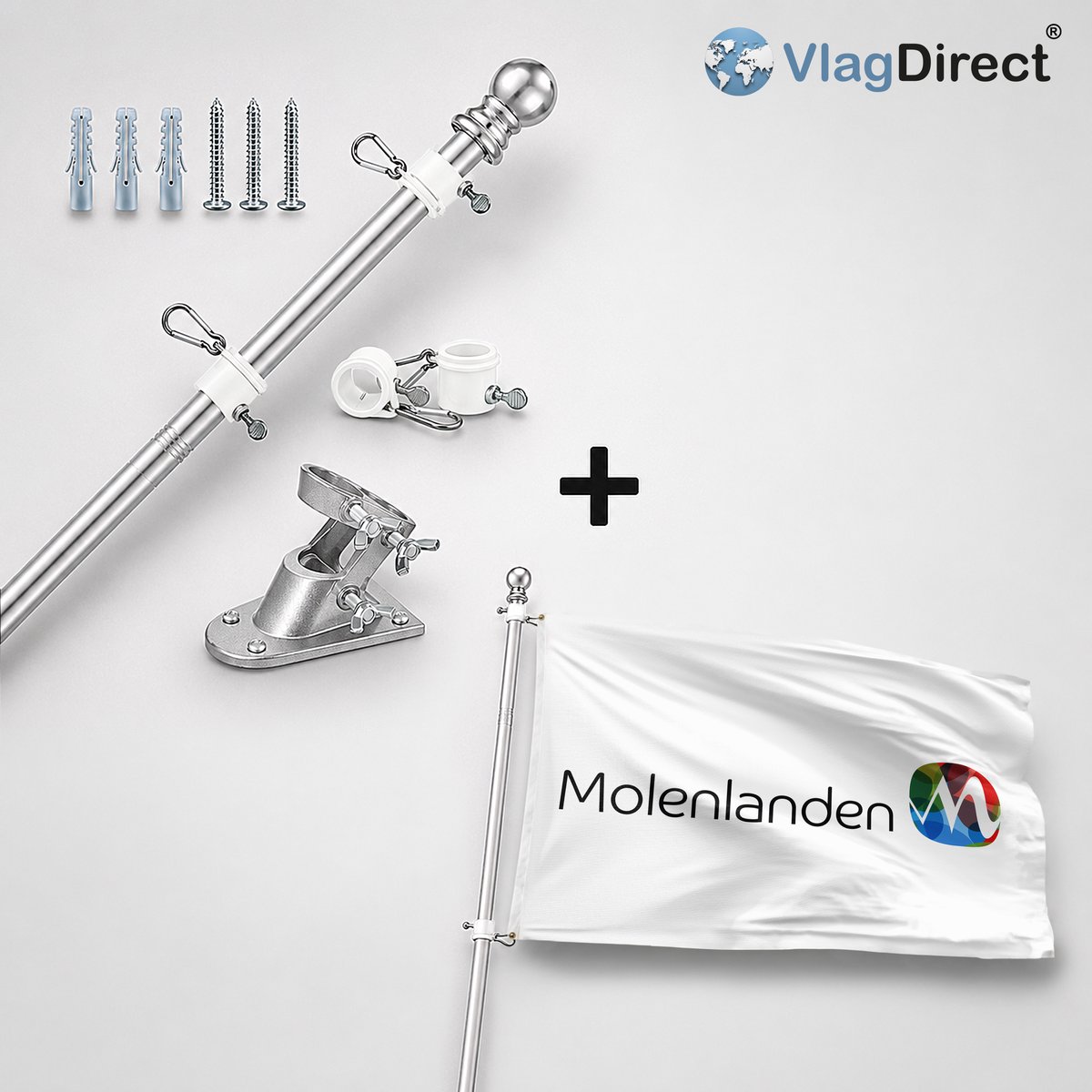VlagDirect - Compleet vlaggenpakket - Zilveren vlaggenstok inclusief vlaggenstokhouder + Molenlanden vlag - Gemeente Molenlanden vlag - 90 x 150 cm.
