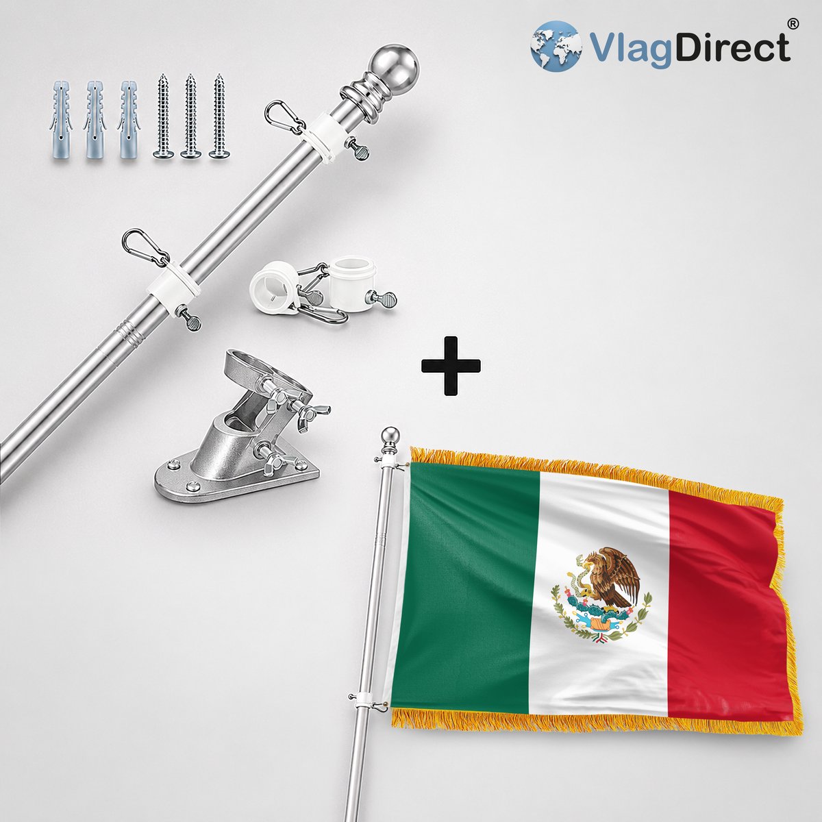 VlagDirect - Compleet vlaggenpakket - Zilveren vlaggenstok inclusief vlaggenstokhouder + Luxe Mexicaanse vlag - Luxe Mexico vlag - 90 x 150 cm - Franjes.